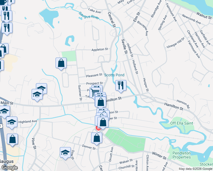 map of restaurants, bars, coffee shops, grocery stores, and more near 272 Central Street in Saugus