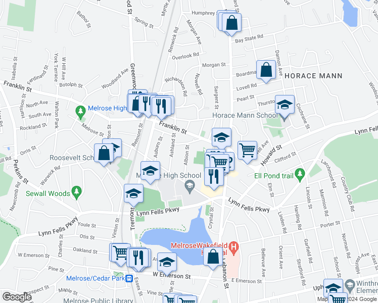 map of restaurants, bars, coffee shops, grocery stores, and more near 42-44 Albion Street in Melrose