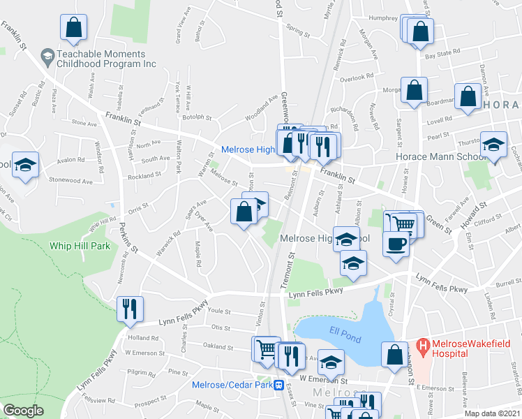 map of restaurants, bars, coffee shops, grocery stores, and more near 44 Brunswick Park in Melrose