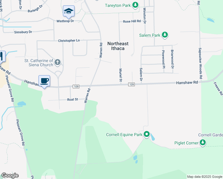 map of restaurants, bars, coffee shops, grocery stores, and more near 1317 Hanshaw Road in Ithaca