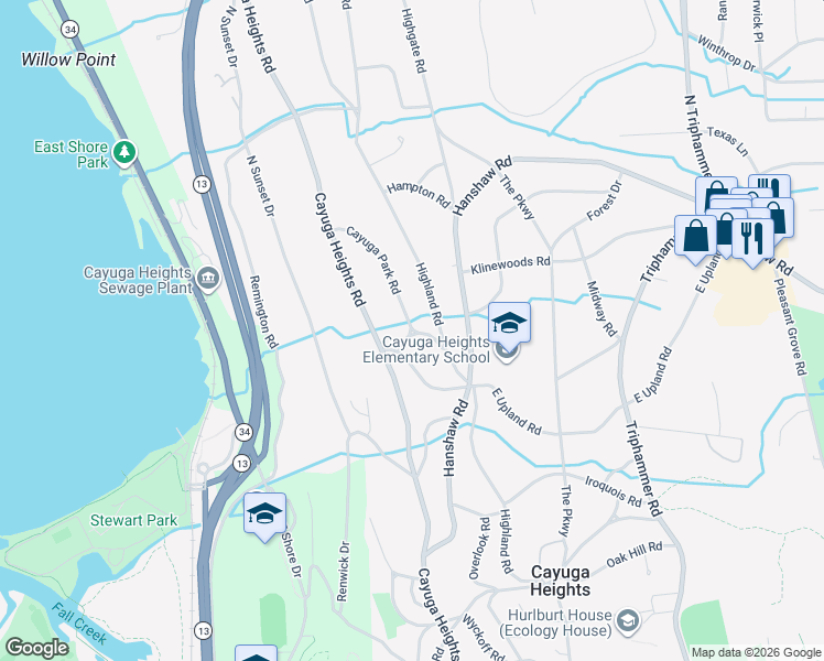 map of restaurants, bars, coffee shops, grocery stores, and more near 101-109 Cayuga Park Circle in Ithaca