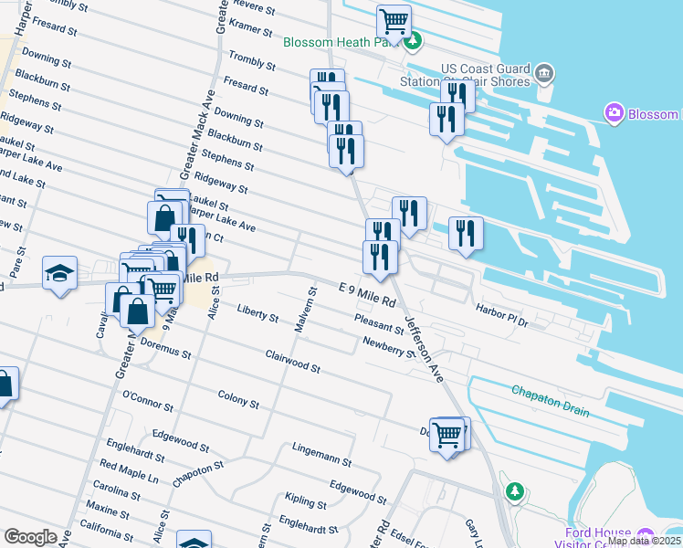 map of restaurants, bars, coffee shops, grocery stores, and more near 22825 East 9 Mile Road in St. Clair Shores