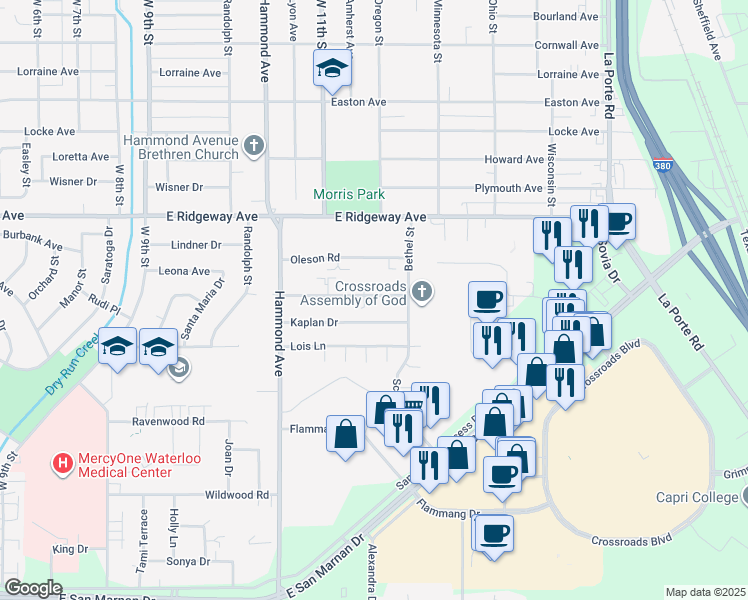 map of restaurants, bars, coffee shops, grocery stores, and more near 1212 Langley Road in Waterloo