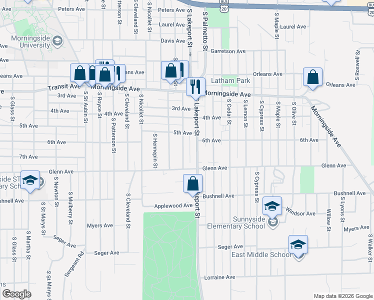 map of restaurants, bars, coffee shops, grocery stores, and more near 2317 South Henry Street in Sioux City