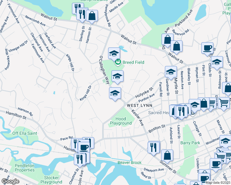 map of restaurants, bars, coffee shops, grocery stores, and more near 200 O'Callaghan Way in Lynn