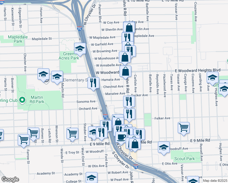 map of restaurants, bars, coffee shops, grocery stores, and more near 102 Manatee in Hazel Park