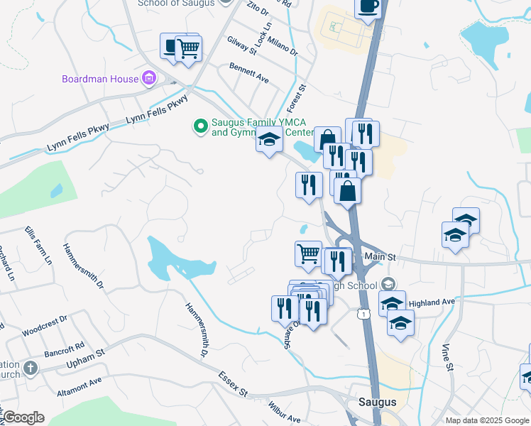 map of restaurants, bars, coffee shops, grocery stores, and more near 2208 Founders' Way in Saugus