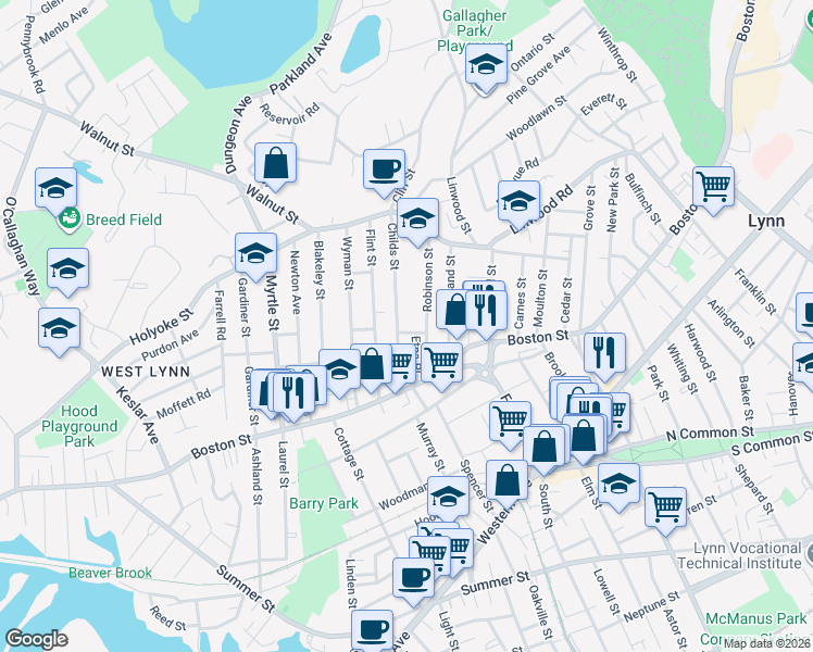 map of restaurants, bars, coffee shops, grocery stores, and more near 6 Hart Street in Lynn