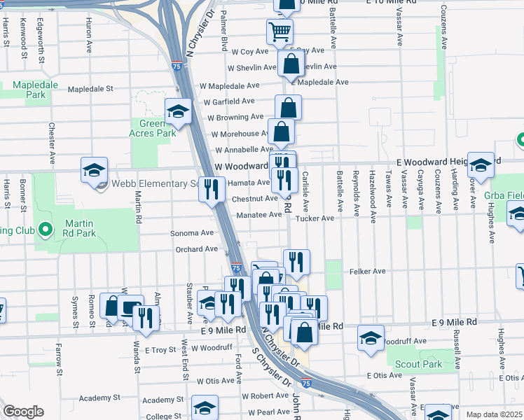 map of restaurants, bars, coffee shops, grocery stores, and more near 102 Manatee in Hazel Park