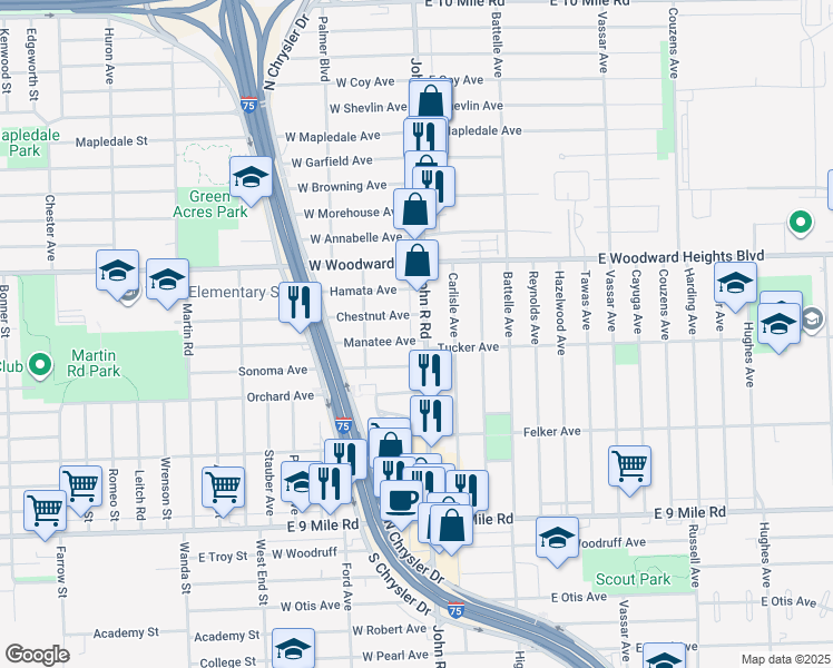 map of restaurants, bars, coffee shops, grocery stores, and more near 23641 Manatee in Hazel Park