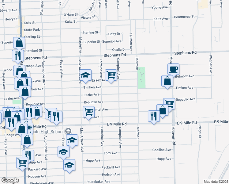 map of restaurants, bars, coffee shops, grocery stores, and more near 11076 Lozier Avenue in Warren