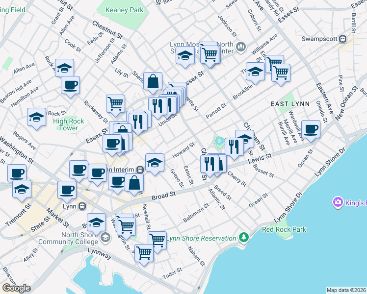 map of restaurants, bars, coffee shops, grocery stores, and more near 32 Howard Street in Lynn