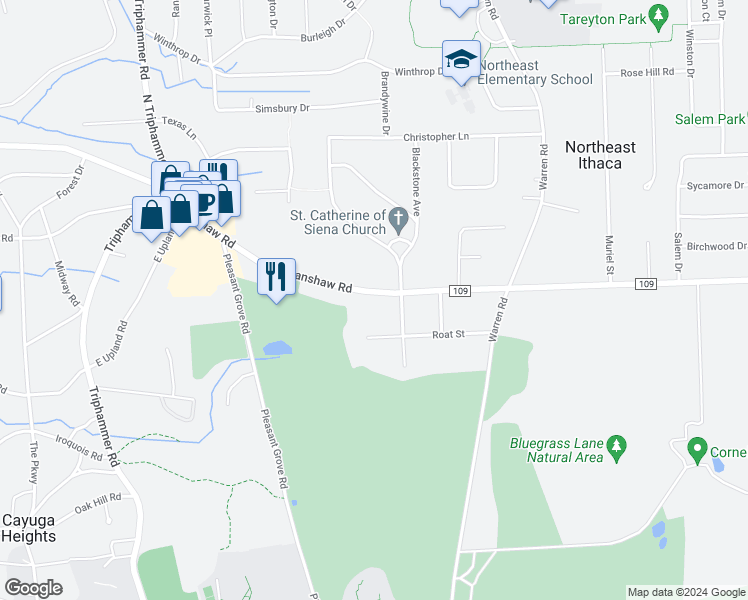 map of restaurants, bars, coffee shops, grocery stores, and more near 1037 Hanshaw Road in Ithaca