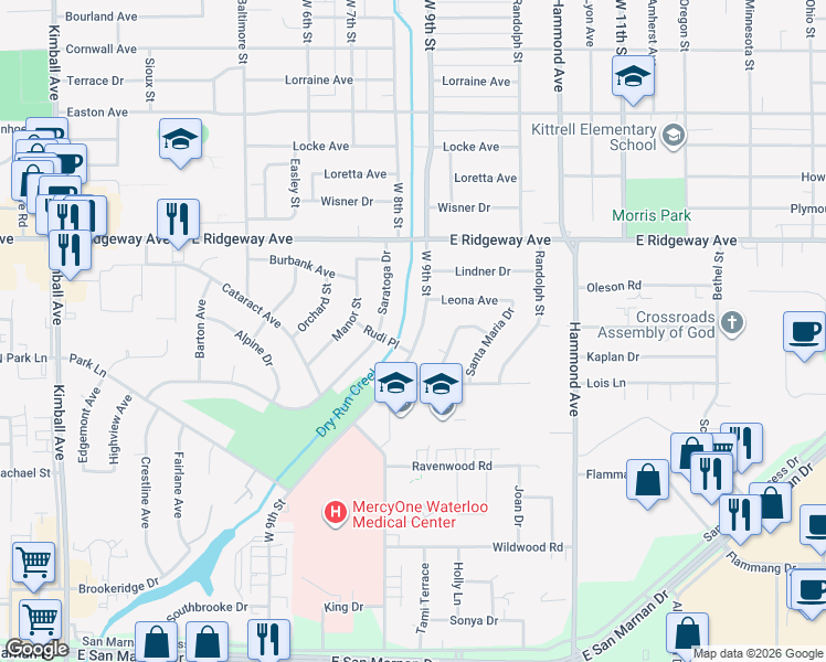 map of restaurants, bars, coffee shops, grocery stores, and more near 3040 West 9th Street in Waterloo
