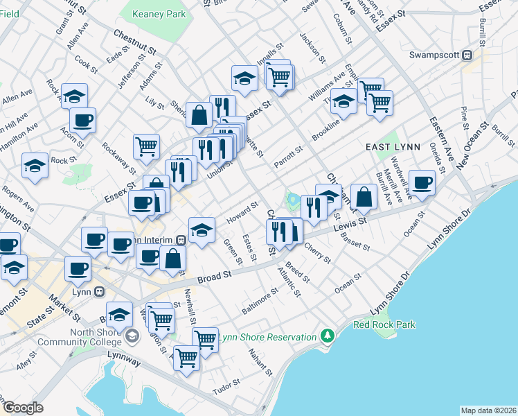 map of restaurants, bars, coffee shops, grocery stores, and more near 64 Chestnut Street in Lynn