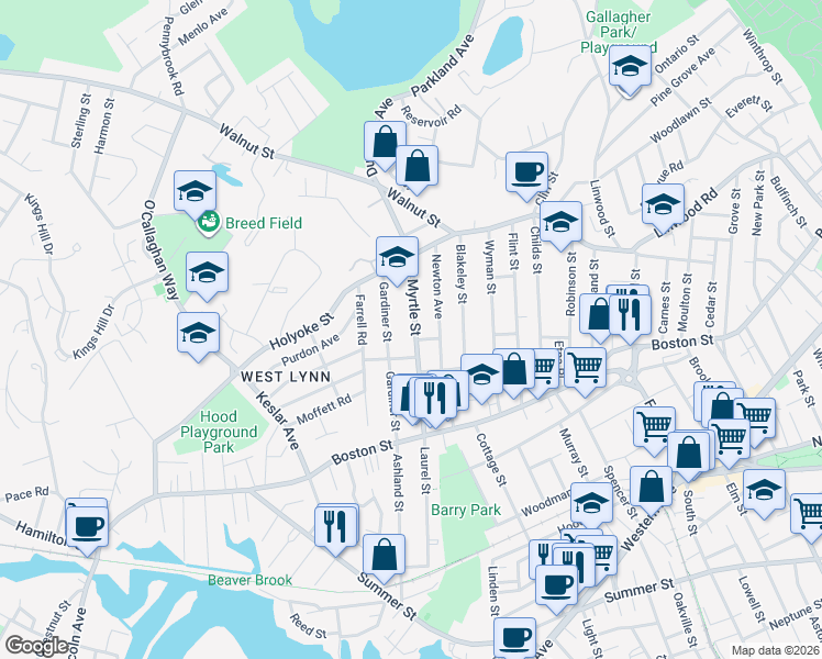 map of restaurants, bars, coffee shops, grocery stores, and more near 79 Gardiner Street in Lynn