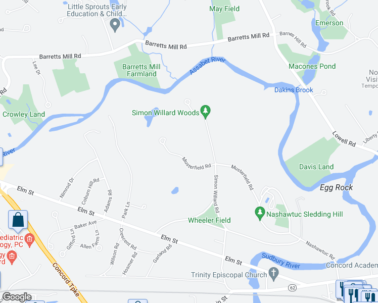 map of restaurants, bars, coffee shops, grocery stores, and more near 224 Musterfield Road in Concord