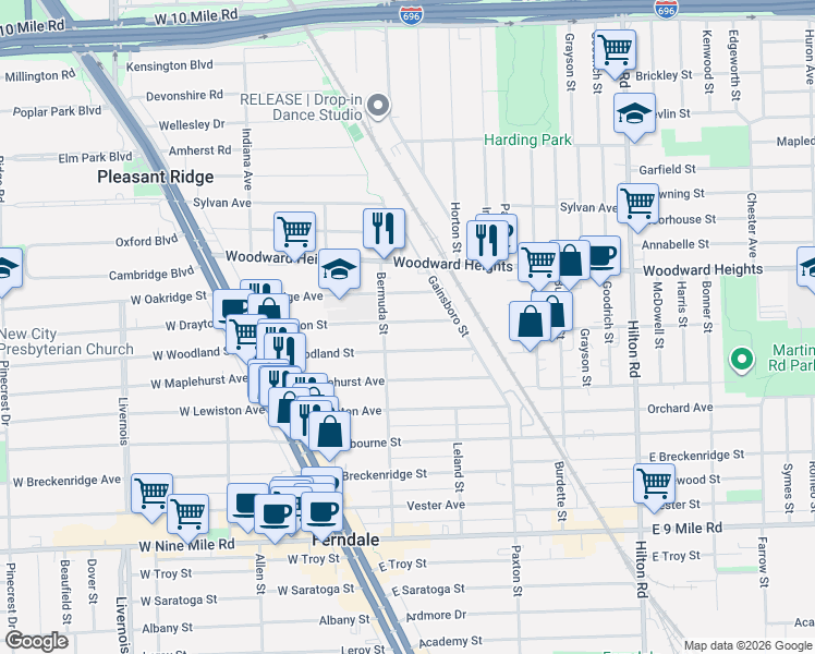 map of restaurants, bars, coffee shops, grocery stores, and more near 475 East Woodland Street in Ferndale