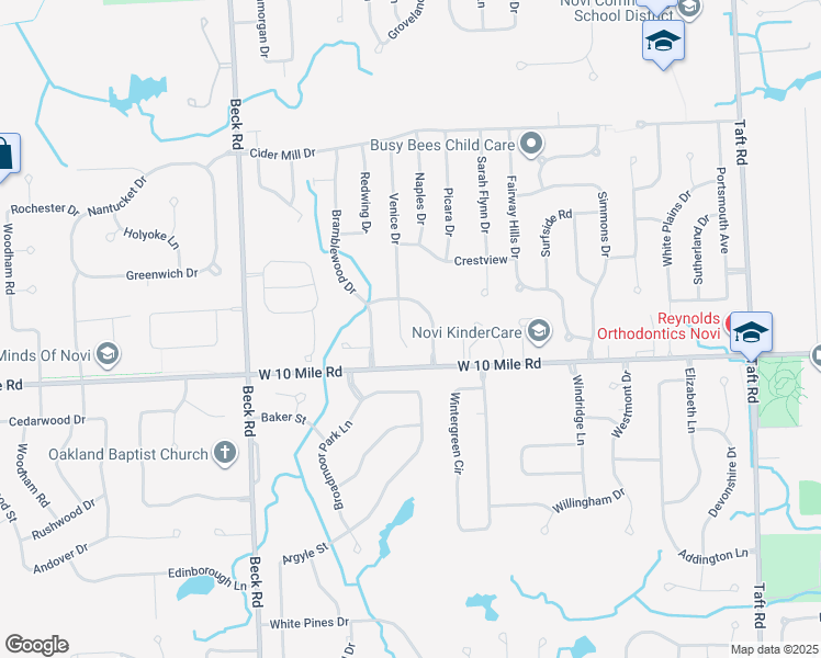 map of restaurants, bars, coffee shops, grocery stores, and more near 24398 Venice Drive in Novi