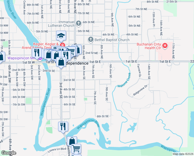 map of restaurants, bars, coffee shops, grocery stores, and more near 709-799 3rd Street Southeast in Independence