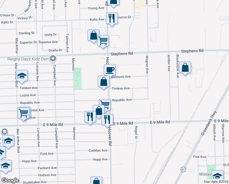 map of restaurants, bars, coffee shops, grocery stores, and more near 23400 Hoover Road in Warren