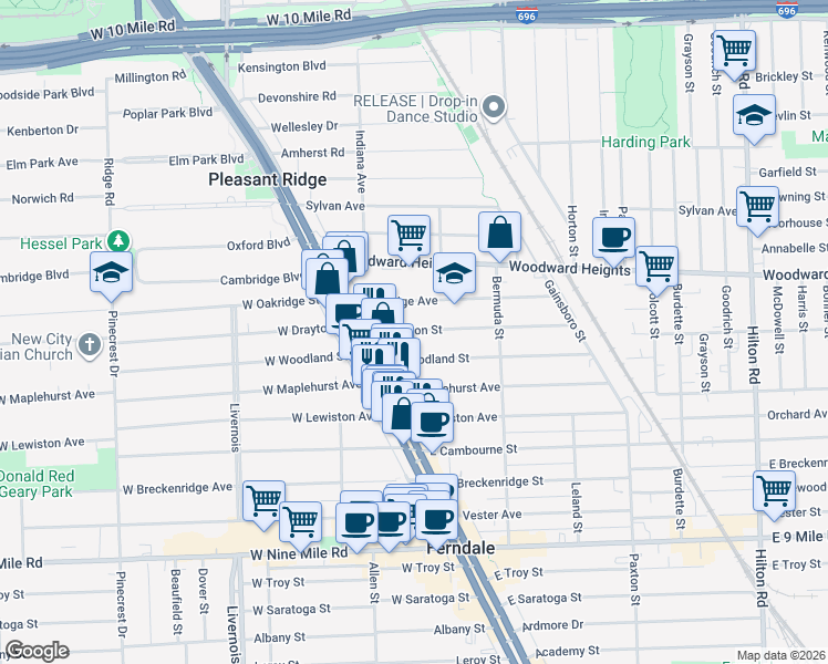 map of restaurants, bars, coffee shops, grocery stores, and more near 310 East Drayton Street in Ferndale
