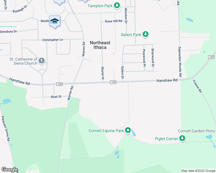 map of restaurants, bars, coffee shops, grocery stores, and more near 1405 Hanshaw Road in Ithaca