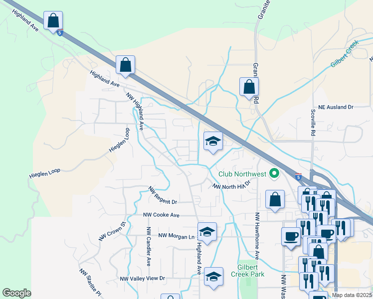 map of restaurants, bars, coffee shops, grocery stores, and more near 2325 Northwest Highland Avenue in Grants Pass