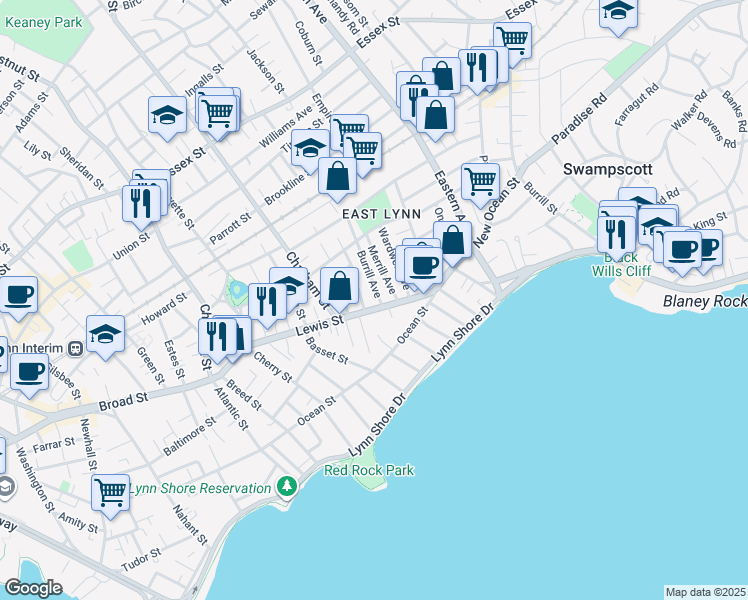 map of restaurants, bars, coffee shops, grocery stores, and more near 50 Massachusetts 129 in Lynn