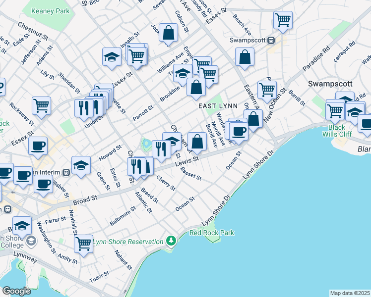 map of restaurants, bars, coffee shops, grocery stores, and more near 11 Autumn Street in Lynn