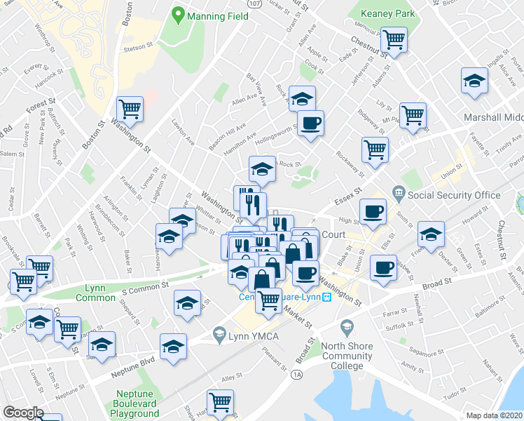 map of restaurants, bars, coffee shops, grocery stores, and more near in Lynn
