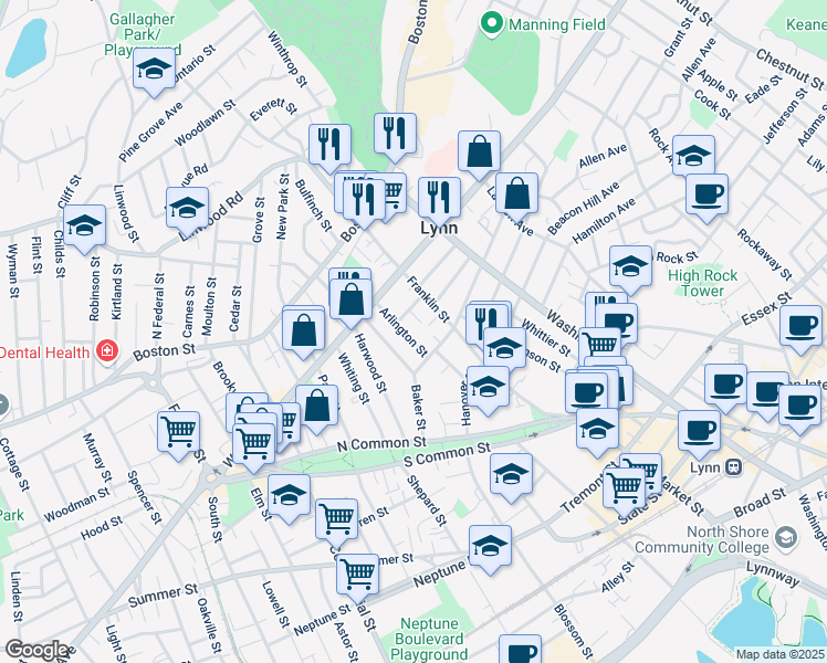 map of restaurants, bars, coffee shops, grocery stores, and more near 9 Arlington Street in Lynn