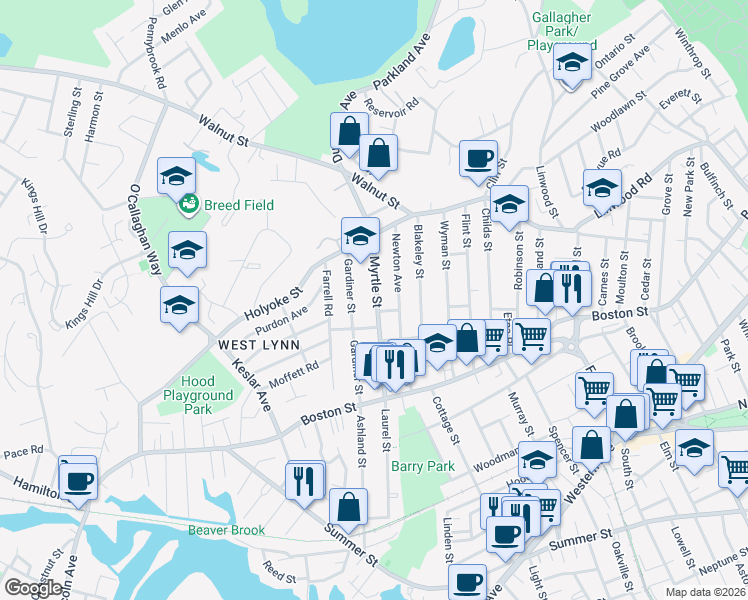 map of restaurants, bars, coffee shops, grocery stores, and more near 79 Gardiner Street in Lynn