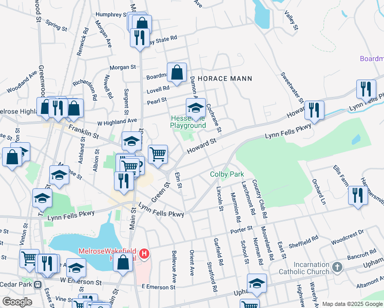 map of restaurants, bars, coffee shops, grocery stores, and more near 40 Clifford Street in Melrose