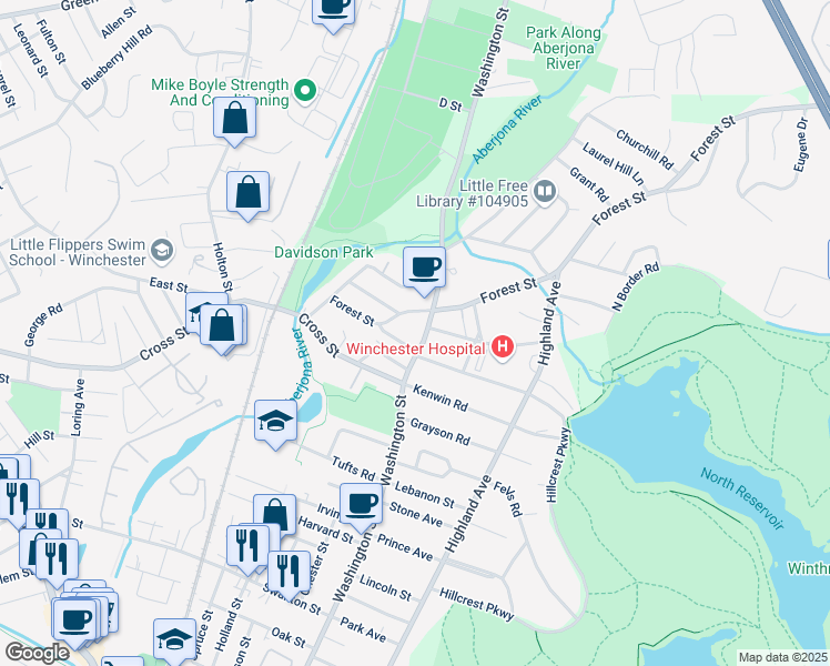 map of restaurants, bars, coffee shops, grocery stores, and more near 529 Washington Street in Winchester