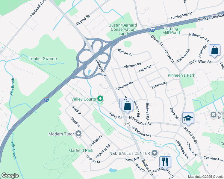 map of restaurants, bars, coffee shops, grocery stores, and more near 307 Massachusetts 4 in Lexington