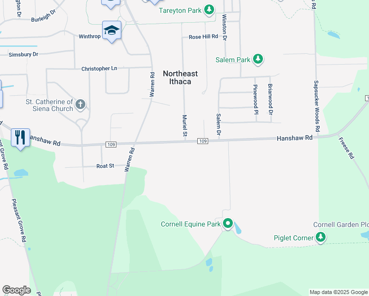 map of restaurants, bars, coffee shops, grocery stores, and more near 1405 Hanshaw Rd in Ithaca