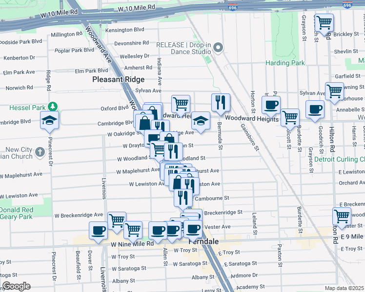 map of restaurants, bars, coffee shops, grocery stores, and more near 310 East Drayton Street in Ferndale