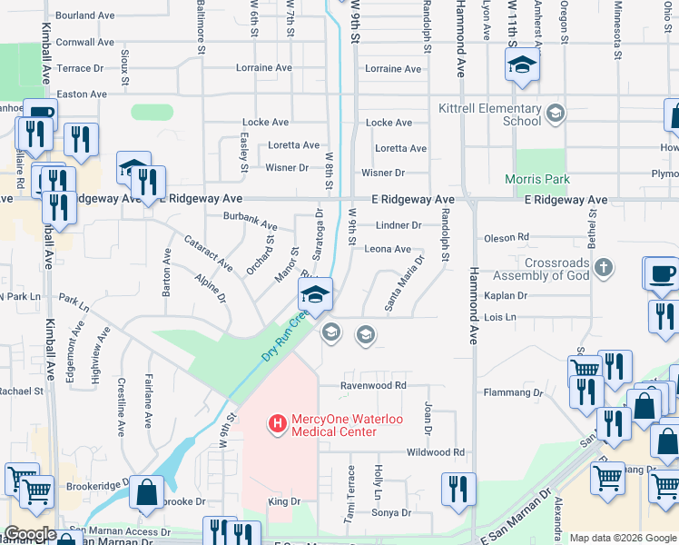 map of restaurants, bars, coffee shops, grocery stores, and more near 3040 West 9th Street in Waterloo