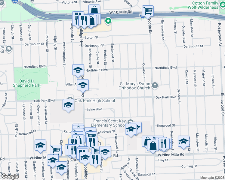 map of restaurants, bars, coffee shops, grocery stores, and more near 13200 Oak Park Boulevard in Oak Park