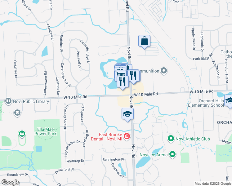 map of restaurants, bars, coffee shops, grocery stores, and more near 43450 West 10 Mile Road in Novi