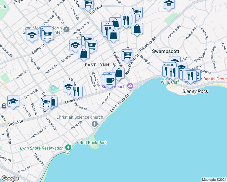 map of restaurants, bars, coffee shops, grocery stores, and more near 74 Ocean Street in Lynn