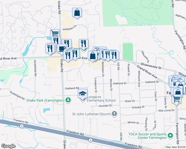 map of restaurants, bars, coffee shops, grocery stores, and more near 23841 Longacre Street in Farmington