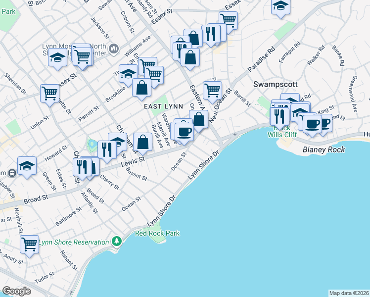 map of restaurants, bars, coffee shops, grocery stores, and more near 2 Lewis Street in Lynn