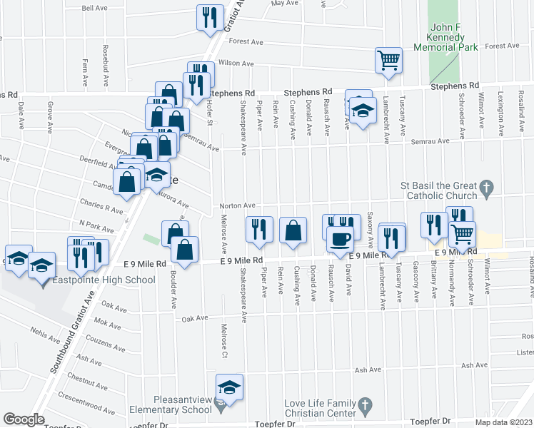 map of restaurants, bars, coffee shops, grocery stores, and more near 22840 Piper Avenue in Eastpointe