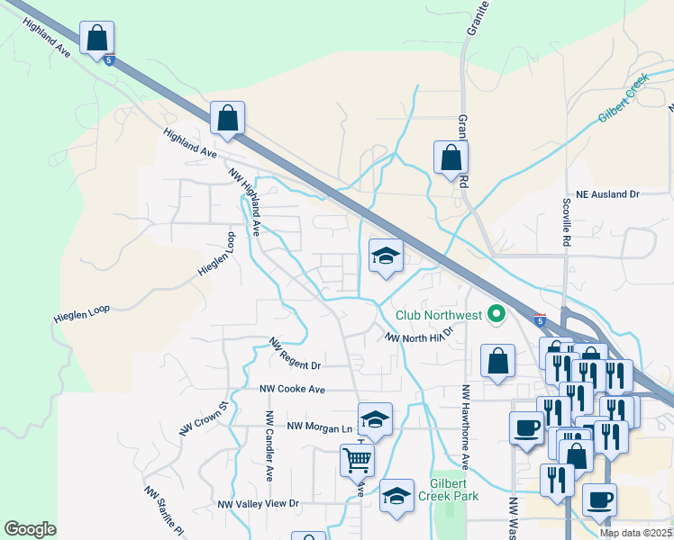 map of restaurants, bars, coffee shops, grocery stores, and more near 2325 Northwest Highland Avenue in Grants Pass