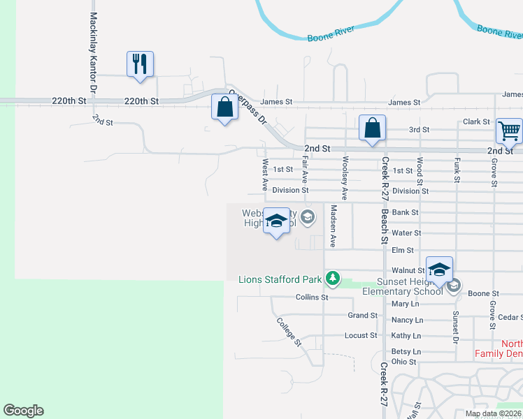 map of restaurants, bars, coffee shops, grocery stores, and more near 1001 Lynx Avenue in Webster City