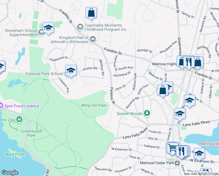map of restaurants, bars, coffee shops, grocery stores, and more near 63 Perkins Street in Stoneham