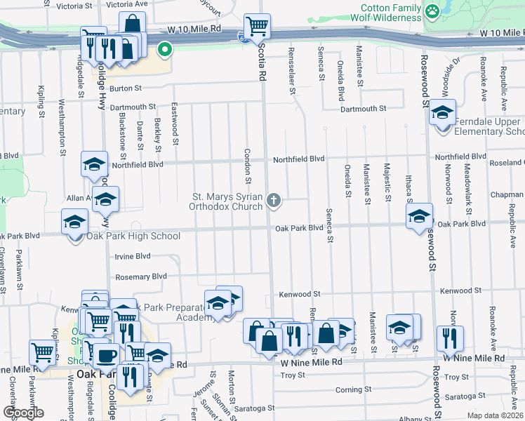 map of restaurants, bars, coffee shops, grocery stores, and more near 10840 Oak Park Boulevard in Oak Park