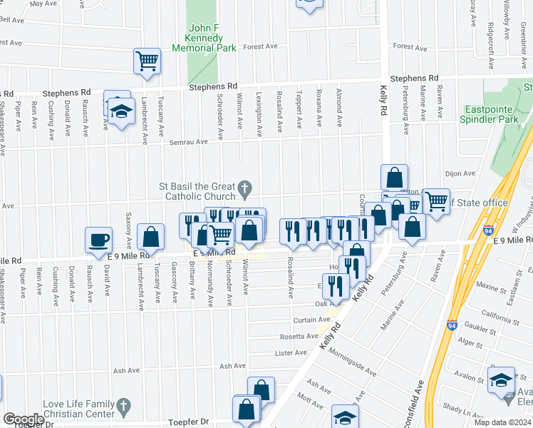 map of restaurants, bars, coffee shops, grocery stores, and more near 22812 Lexington Avenue in Eastpointe
